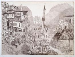 Berki Viola (1932-2001): Koszovó. Rézkarc, papír, jelzett, 32×40 cm