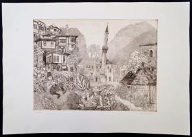 Berki Viola (1932-2001): Koszovó. Rézkarc, papír, jelzett, 32×40 cm