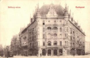 Budapest V. Báthory utca, Csillag József és Társa, Barta S. üzletei, villamos, hátoldalon sorsjegy (EK)