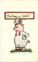 Boldog Újévet! / Pig, Hand-drawn custom made postcard s: Szászy