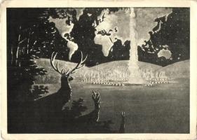 1933 Gödöllő, Cserkész jamboree az erdő szélén. Kiadja a tolnamegyei cserkész-intéző bizottság / Hungarian scout art postcard s: Báró Schell J. (EK)
