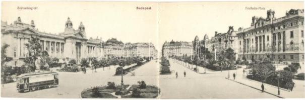 Budapest V. Szabadság tér panorámalap, Tőzsdepalota, villamos (hajtásnál szakadt / bent till broken)