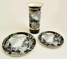 Hollóházi Szász Endre által tervezett mintával díszített porcelán váza és 2 db porcelán falitányér, matricás, hibátlan, jelzett, m: 30 cm d: 24,5 és 31 cm