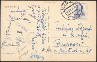 1956 A Fradi FTC labdarúgó csapat tagjai által aláírt képeslap Szlovákiából. Fenyvesi, Dalnoki, Mátrai Dohány, Lang, Heinni, II. Borsos, Vilezsál, Guylás. Kertész, stb.
