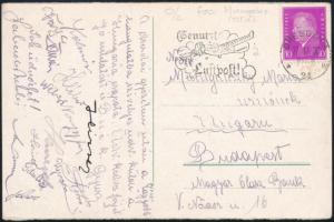 1930 A Hungária labdarúgó csapat tagjai által aláírt képeslap Németországból Mednyánszky Mária 18 szoros asztalitenisz világbajnok részére. Hirzer (Híres), Kláber, Kalmár, Titschka, Sebes, Wéber, Rebro (Réti), Ujvári