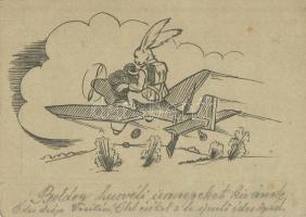 II. Világháborús Húsvéti Tábori postai levezelőlap. Nyúl pilóta repülőn / WWII Hungarian field post. easter greeting with rabbit pilot (EK)