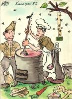 1940 Második világháborús tábori konyha, Kozma Ipari Rt. Kézzel rajzolt képeslap / WWII Hungarian military field kitchen, humour, hand-drawn postcard, artist signed