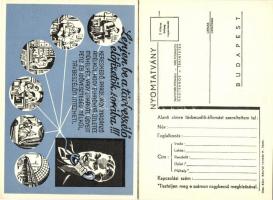 Lépjen be a távbeszélő előfizetők sorába!!!, a Magyar Királyi Posta Távbeszélő Propaganda Irodájának reklámlapja és válaszlapja kihajtható képeslapon / advertisment postcard of the Hungarian Royal Posts Phone Propaganda Office, folding card