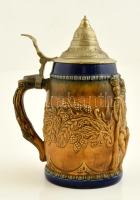 Modern német kerámia söröskupa ón fedéllel / Ceramic beer-jug with tin lid 26 cm