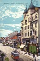 Miskolc, Széchenyi utca a Weidlich palotával, Weidlich Pál üzlete, Apollo színház, villamos. Grünwald Ignácz kiadása (EK)