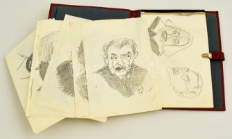 Szőnyi Jenő (1902-?): 8 db, nagyrészt jelzett karikatúra 16x22 cm Ceruza, papír, + vázlatfüzete bőr tokban