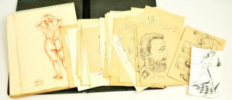 Szőnyi Jenő (1902-?): grafikus hagyatéka. kb 70 db karikatúra, vázlat, részben jelzettek, feliratozottak, különféle technikákkal, méretben. Egy mappában