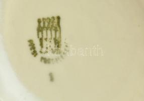 Zsolnay hiányos virágmintás porcelán teás készlet, matricás, jelzett, kopott, az egyik csészén lepat...