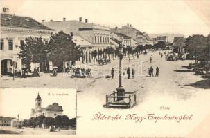 Nagytapolcsány, Topolcany; Fő tér, üzletek, Római katolikus templom. Platzko Gyula kiadása / main square, shops, church