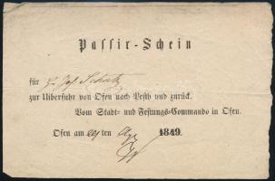 1849 Átkelési engedély Budáról Pestre és vissza (a Lánchídon keresztül?) a budai városparancsnokság által kiállítva