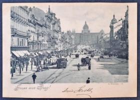 1900 Praha, Prague; Der Wenzelsplatz / square, shops, tram. big sized postcard (22 cm x 30,5 cm!)
