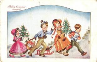 3 db régi Mallász Gitta grafikai képeslap, üdvözlőlapok / 3 pre-1945 graphic postcards, greeting car...