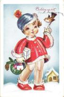 3 db régi Mallász Gitta grafikai képeslap, üdvözlőlapok / 3 pre-1945 graphic postcards, greeting car...