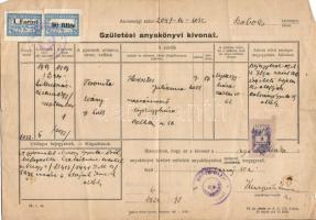 1948 2 felülnyomott nyíregyházi városi okmánybélyeg + 3Ft illetékbélyeg születési anyakönyvi kivonaton