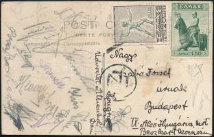 1938 A Ferencváros (FTC) labdarúgóinak aláírása, többek közt Sárosi György (1912-1993) Toldi Géza (1909-1985) és Kiss Gyula (1916-1960) aláírásaival, Athénból küldött képeslapon / 1938 Players of the FTC, signed postcard from Athens