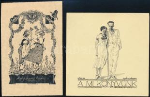 cca 1936 Takáts Sándor: 2 db ex libris. fametszet, papír, Jelzett a dúcon. 105x60 mm