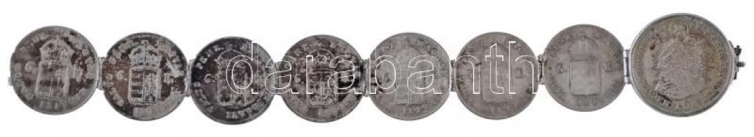 1848KB 10kr Ag V. Ferdinánd + 1849NB 6kr Ag (7x), az érmek ékszerré alakítva, a 10 krajcáros egy nyitható medalion része T:2,2- patina, széleken sérült Hungary 1848KB 10 Kreuzer Ag Ferdinand V + 1849NB 6 Kreuzer Ag (7x), all of them made into jewelry, the 10 Kreuzeris part of a medallion that can be opened C:XF,VF patina, damaged edges
