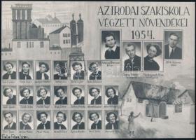 1954 Győr, az Irodai Szakiskola tanárai és végzett növendékei, kistabló 24 nevesített portréval, 17x23 cm
