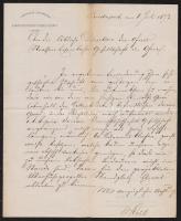 1873 a DDSG igazgatóságának német nyelvű levele a Budai Közúti Vaspálya Társaságnak, Schröll József igazgató aláírásával, fejléces papíron, bélyegzővel