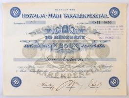 Szerencs 1929. Hegyalja-Mádi Takarékpénztár részvénye 250P-ről, szelvényekkel, bélyegzéssel és szárazpecséttel T:I-