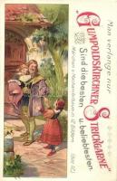 Gumpoldskirchner Strickgarne. Märchen v. Machandelbaum in 12 Bildern (Bild 12.) / Austrian knitting yarns advertisement. litho