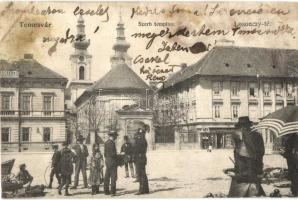 Temesvár, Timisoara; Losonczy tér, Szerb templom, Kerschek és Kubitsek üzlete, csendőr / square, Serbian church, shops, gendarme (r)