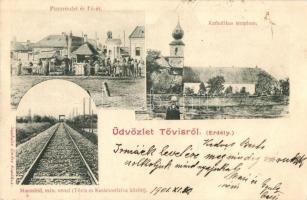 Tövis, Teius; Piac részlet és Fő út, Római katolikus templom, Maros-híd (MÁV vasútvonal Tövis és Karácsonfalva között). Szabolcs Endre kiadása / market, main street, church, railway bridge between Teius and Craciunel. Art Nouveau (EK)