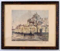 Beron Gyula (1885-1971): Őszi sétány, színezett rézkarc, papír, jelzett, üvegezett fa keretben, 15×1...