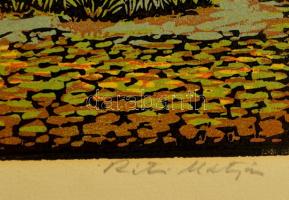 Réti Mátyás (1922-2002): Hortobágy, színezett linó, karton, jelzett, 20×43 cm