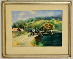 Pál Mária (?- ): Szénásszekér, akvarell, papír, jelzett, paszpartuban, üvegezett fa keretben, 23,5×3...