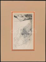 Kondor Béla (1931-1972): A fuvolás álma, hidegtű, papír, jelzés nélkül, paszpartuban, 16,5×9 cm
