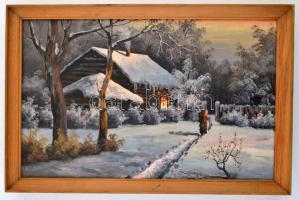 Jelzés nélkül: Hazafelé télen, olaj, vászon, fa keretben, 25,5×40,5 cm