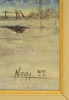 Nagy József (?-?): Téli tanya, olaj, farost, jelzett, keretben, 27,5×58,5 cm