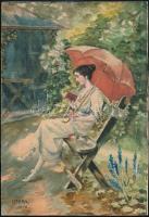 Ilonka jelzéssel: Olvasó nő, akvarell, papír, 24,5×17 cm