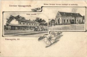 Vámosgyörk, vasútállomás gőzmozdonnyal, Weiner Bertalan Korona vendéglője és szállodája és saját kiadása, floral, Art Nouveau (Rb)