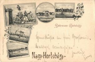 1899 Hortobágy-Debrecen, Nagy-Hortobágy, pásztorok étkezése, pányvavetés, debreceni ekhos szekér, ökörgulya, Kilenclyukú híd, folklór, floral. Pongrácz Géza kiadása (EK)