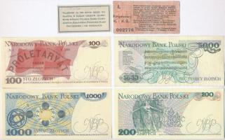 Lengyelország 1976. 100Zl + 1982. 1000Zl + 5000Zl + 1988. 200Zl + 2db klf részvény szelvény T:I-,III...