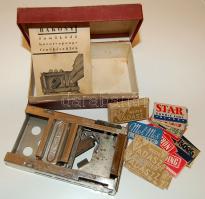 Bakony márkájú borotvapenge-élező gép + 17 régi penge-cimke