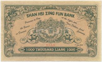 Kína ~1912. 1000L Shan Hsi Zing Fun Bank fantáziapénz T:III,III- China ~1912. 1000 Liang Shan Hsi Zing Fun Bank fantasy banknote C:F,VG