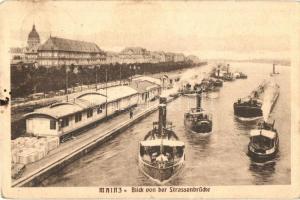Mainz, Blick von der Strassenbrücke / steamships, barges, quay