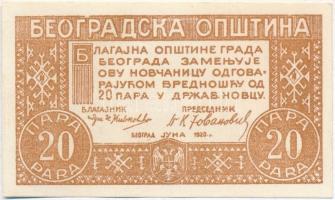 Szerbia / Belgrád 1920. 20p szükségpénz T:I,I- Serbia / Belgrade 1920. 20 Para necessity note C:UNC,AU