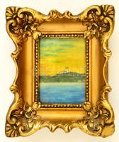 Aranyozott fa keret üveggel. Belső méret: 13x9 cm Benne Tihanyi látképet ábrázoló pasztel