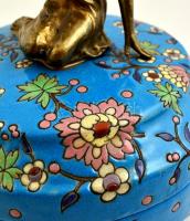 Longwy virágmintás porcelán bonbonier, fém tündér díszítéssel, hibátlan, jelzett, d: 15 cm, m: 19 cm