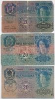 1913-1917. 7db-os vegyes korona bankjegy tétel, mindegyik felülbélyegzett, közte hamis bélyegzések i...