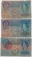 1912-1914. 5db-os vegyes korona bankjegy tétel, mindegyik felülbélyegzett, közte hamis bélyegzések is (some fake overprints) T:III,III-,IV